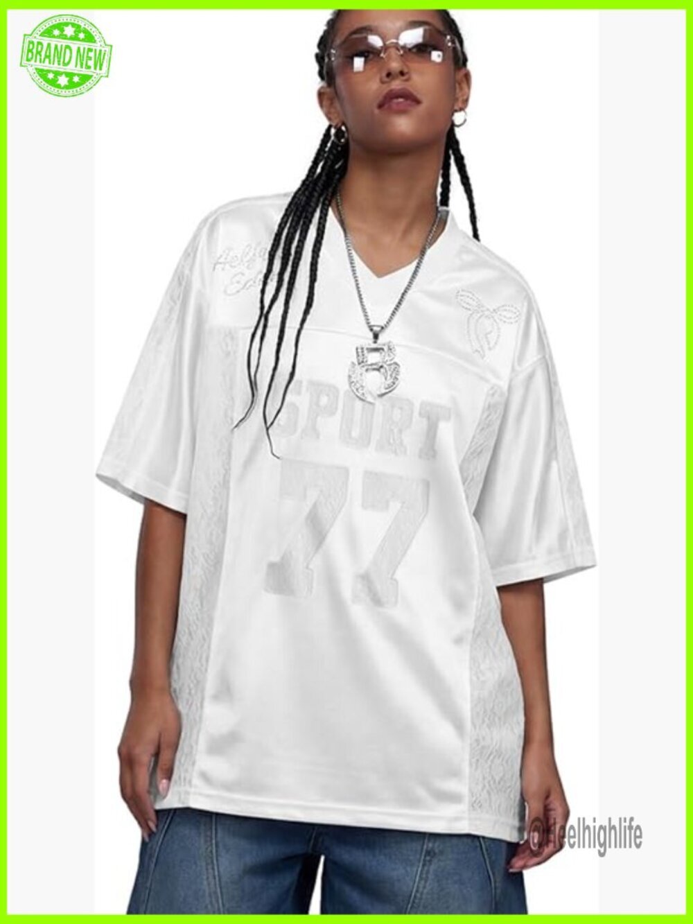 Oversized V-Neck Graphic Tee Loose Fit Short Sleeve Jersey Top